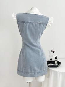 Elamini Đầm denim nữ mùa hè kiểu dáng thường ngày, cài cúc phía trước, không tay. - Rửa nhẹ - Xem 2