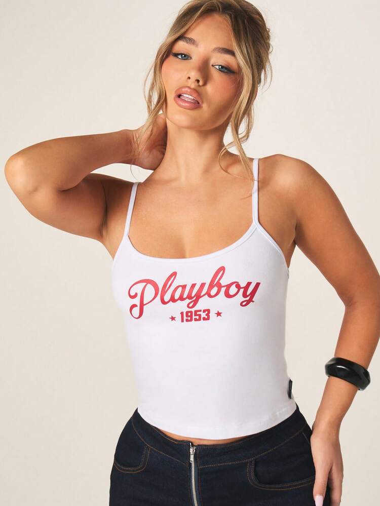 Missguided x Playboy Débardeur vintage rétro avec logo, bretelles spaghetti, court, en mélange de coton, pour femmes, idéal pour les festivals d'été