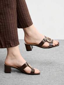 CUCCOO BIZCHIC Damen Sandalen mit Metallschnalle, einfarbig, klassischer Stil, geeignet für Büro und Pendeln, Sommer, quadratische Zehenkappe, Absatz dick - dunkelbraun - Übersicht 1