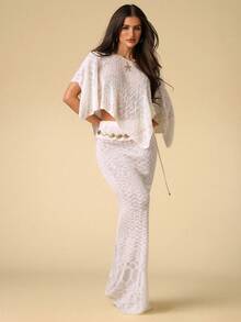 SHEIN BAE 不对称披肩休闲宽松女式毛衣 - 米色 - 查看 6