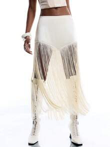 LYSMO 女士时尚流苏下摆半身裙，夏季 - 黃色 - 查看 5