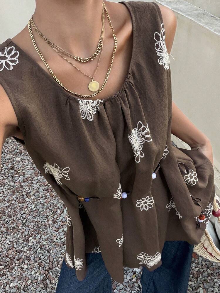 Women's Round Neck Printed Sleeveless Casual Vacation Style Cinched Waist Waist Short Pullover Shirt