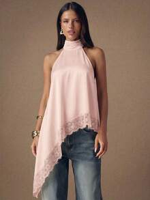 Top de satén con escote halter y espalda descubierta con aplicaciones de encaje, adecuado para fiestas, cócteles, ocasiones formales, Navidad y vestimenta casual de negocios - Blanco 2 - Ver 10