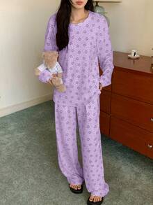 DAZY 2pcs/Set Cute Bear Polka Dot Loose Long Sleeve T-Shirt And Long Pants Pajama Set, Spring Women - Mauve Purple - View 7