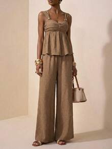 Zivah Khaki Summer Casual Vacation Holiday Women's Elegant Sweetheart Neckline Camisole With Metal Buckle Decoration & Wide-Leg Pants Two Pieces Set - Brown - View 2