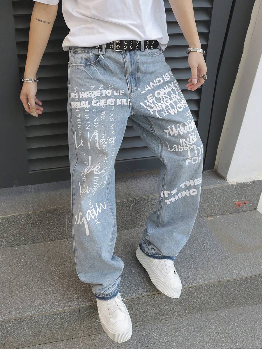 Manfinity EMRG Men's Light Blue Letter Print Distressed Jeans, Loose Fit Wide Leg Street Style Casual Pants - Light Wash - View 1