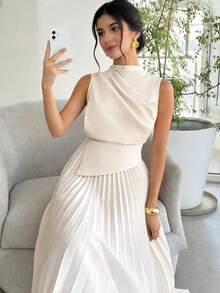 SHEIN Teen Girls' Elegant Ruched Asymmetrical Waist Dress, Apricot Color, Spring/Summer - Apricot - View 1