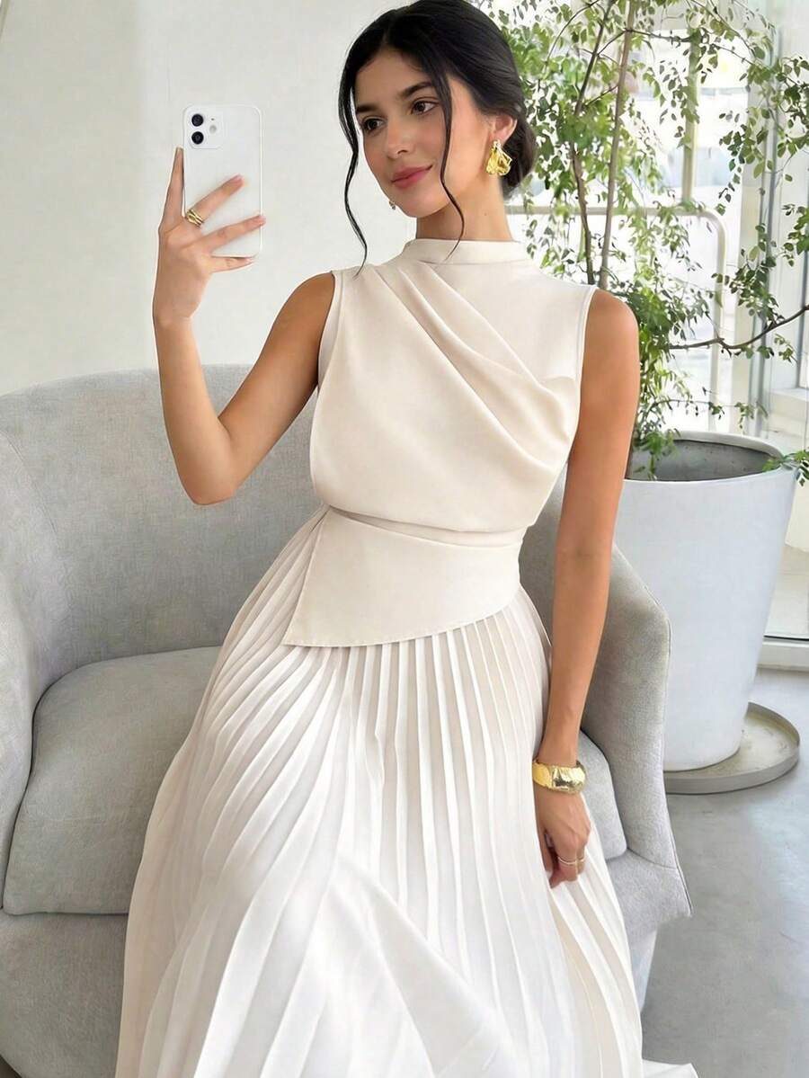 SHEIN Teen Girls' Elegant Ruched Asymmetrical Waist Dress, Apricot Color, Spring/Summer - Apricot - View 1