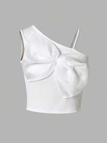 Elladie kids Conjunto de 2 piezas dulce y fresco para niñas preadolescentes, top de un hombro con lazo a juego con minifalda de cuero PU con tachuelas, ajustado y favorecedor, que irradia un ambiente dulce y caliente de chica, adecuado para salidas casuales, fiestas o uso escolar, fácil de crear looks personalizados - Blanco y Negro - Ver 6