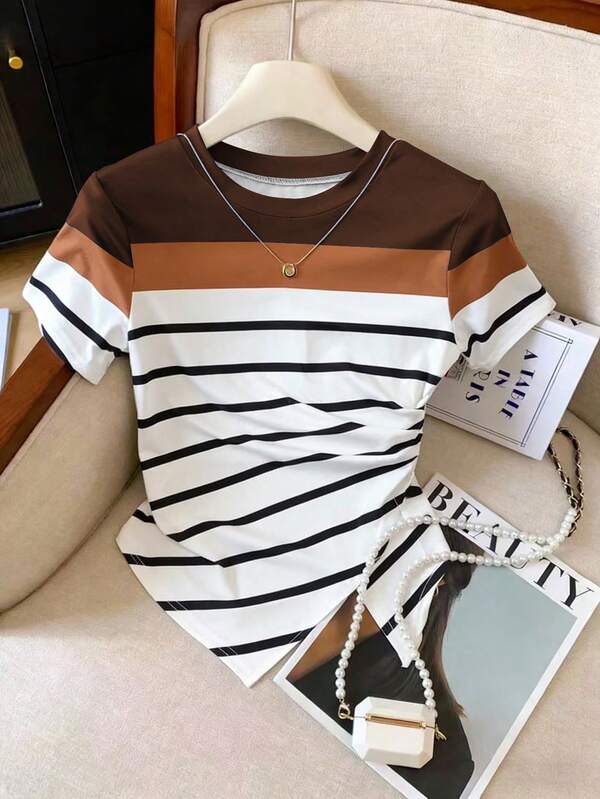 Resyla Camiseta ajustada y versátil de manga corta con cuello redondo y estampado de bloques de color, nueva llegada para primavera/verano para mujer