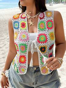GalTyme Plus Size Women Colorful Hollow-Out Crochet Knit Tank Top, Suitable For Vacation - Multicolor - View 1