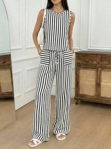 Easowa 休闲条纹吊带背心和长裤套装，适合春夏穿着和通勤。 - 黑與白 - 查看 3