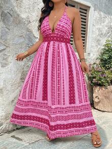 SHEIN VCAY Plus Size Pink Digital Print Fitted Waist Vacation Style Deep V-Neck Halter Backless Tie Dress - Hot Pink - View 3