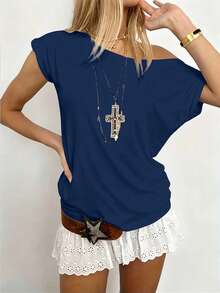 Sundraya Áo kiểu nữ casual gợi cảm cổ lệch, màu xanh navy, hàng mới về mùa hè, thích hợp cho hẹn hò, thiết kế đẹp, phù hợp cho chụp ảnh và mặc dạo phố. - Nhiều màu - Xem 3