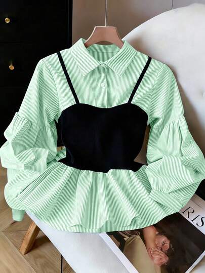 GlowEve 女士蓝色条纹拼接罗纹面料V领收腰不规则荷叶边长袖衬衫，高端设计，优雅大方，适合生日、约会、派对、正式场合、鸡尾酒会、音乐节、情人节、复活节、劳动节、返校派对、单身派对、节日氛围、工作、春季衬衫、春季上衣、春季服装，新款必备时尚小众设计，百搭高端不规则长袖拼接衬衫。