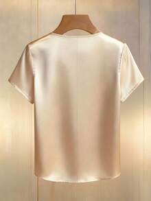 Franclia Women's Champagne-Colored Elegant Satin Round Neck V-Neck Sleeveless Blouse, Summer Holiday, Vacation, Commuting, Showcasing Everyday Elegance - Champagne - View 2