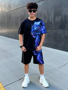 SHEIN 2件套青少年男童休闲夜视荧光动物图案短袖圆领套装，适合夏季穿着。2件套青少年男童短裤套装，男童夏季套装，男童图案T恤和短裤套装，男童套装，适合春夏季节日常穿着、运动、郊游、上学、聚会、节日、拍照等场合。 - 黑色 - 查看 7