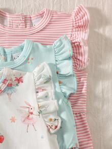 SHEIN 3pcs Newborn Baby Girl Sleeveless Romper Set | Soft White / Light Blue / Pink Striped, Fabric, Ruffle Trim, Rabbit & Strawberry Floral Decor, Cute & Sweet Style, Suitable For Newborn, Festivals, Parties, Outings, Photo Shoots Baby Clothes Baby Girl Clothing Ootd For Baby Girl 0 To 12months Baby Girl Outfit Baby Romper Rompers For Baby Girl Babies Clothes Baby Girl Outfits - Multicolor - View 4