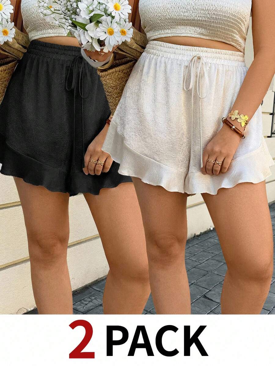 Lounesse Bộ 2 quần short nữ cỡ lớn, màu đen và be, đa năng cho mặc hàng ngày. - Nhiều màu - Xem 1