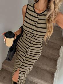 Easowa 黑白条纹修身开衩连衣裙，休闲、商务、度假皆宜，可爱夏日连衣裙，适合春、夏、秋、冬四季，返校季商务休闲女装外出穿搭，返校服装，教师装，奶油色连衣裙，优雅沙滩长裙 - Volcanic Gray - 查看 6