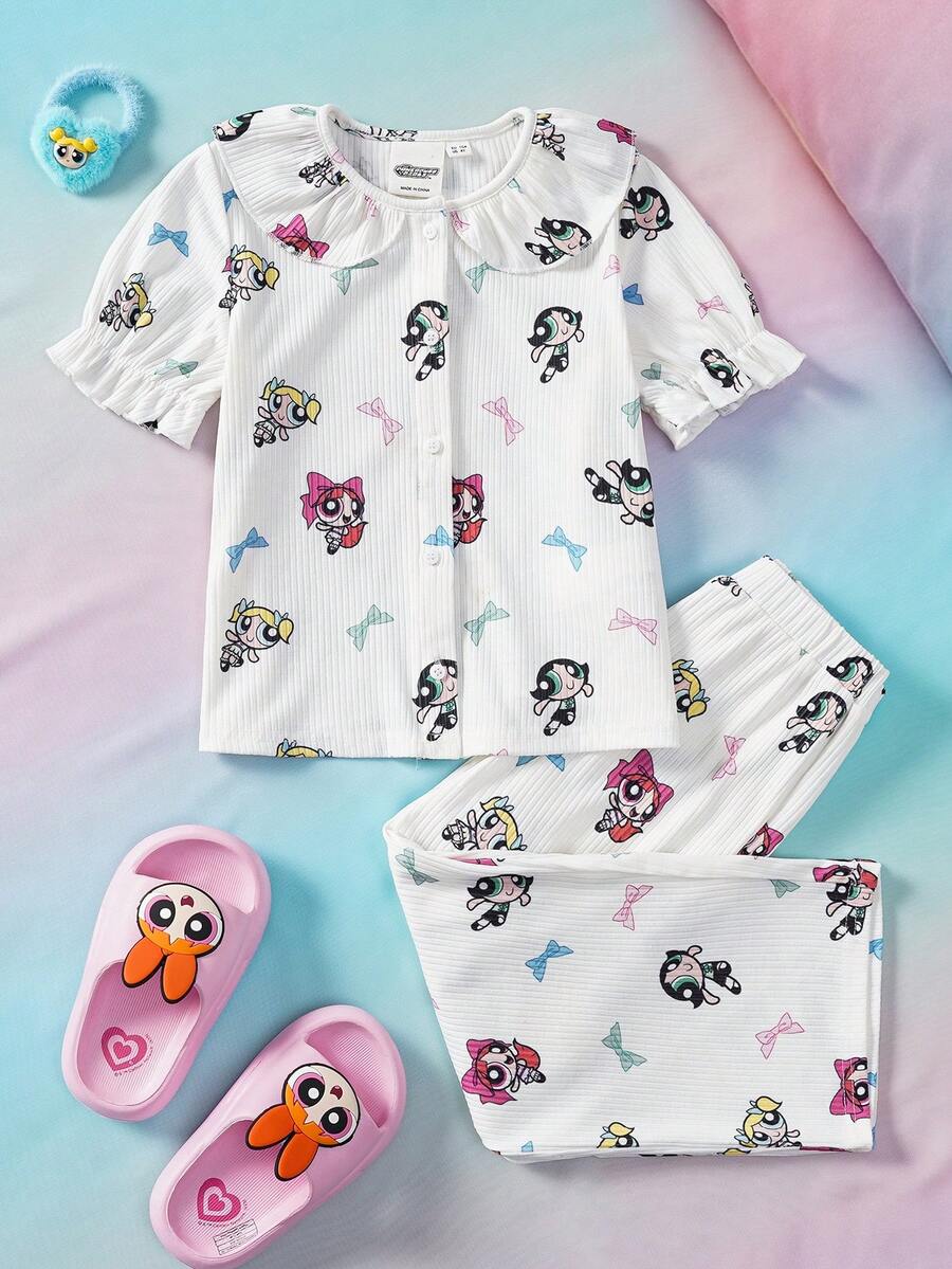THE POWERPUFF GIRLS X SHEIN 女童休闲卡通印花短袖上衣和裤子睡衣套装，夏季 - 白色 - 查看 1