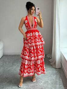 Selianne French Elegant Casual Vacation Deep V-Neck Three-Layer Summer New Wrap Chest Graceful Sexy Fashion Versatile Tie Strap Sleeveless Maxi Dress, Suitable For Dates, Outings, Vacations, Holidays, Independence Day, Back To School, Teacher Outfits, Weddings, Parties, Music Festivals, Oktoberfest, Halloween, Thanksgiving And Other Occasions. Cake Skirt - Red - View 7