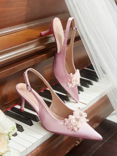 CUCCOO HITCHD Women Shoes Spring And Summer New Women's High-Heeled Shoes Pointed Thin Heel Middle Heel Slingback Buckle Fairy Style Satin Pearl Flower Rhinestone Decoration Elegant Wedding Banquet Dating Shoes