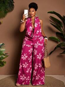 Maweii Plus Size Women's Fuchsia Floral Print 2 Pieces Set,Pink Summer Holiday Vacation Camisole Top&Elastic Waist Wide Leg Pants,Bohemian Resort Wear Holiday - Hot Pink - View 1