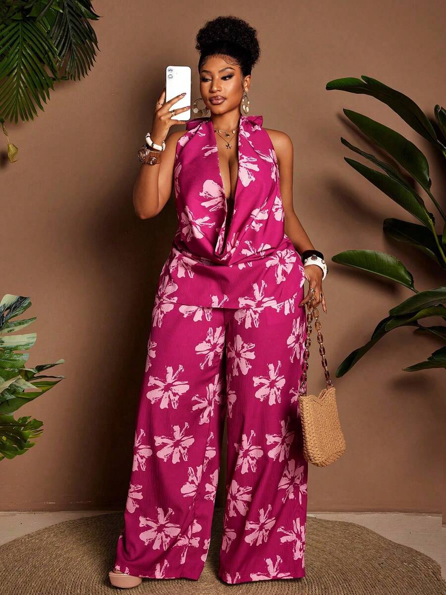 Maweii Plus Size Women's Fuchsia Floral Print 2 Pieces Set,Pink Summer Holiday Vacation Camisole Top&Elastic Waist Wide Leg Pants,Bohemian Resort Wear Holiday - Hot Pink - View 1