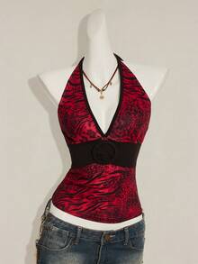 SHEIN ICON Crop top con escote en V y estampado de leopardo sexy Y2K para mujer - Rojo - Ver 7