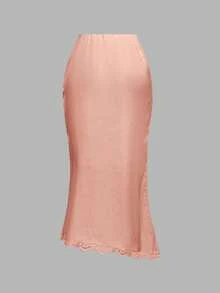SHEIN MOD 不对称下摆蕾丝拼接优雅浪漫女士长裙 - 粉色 - 查看 3