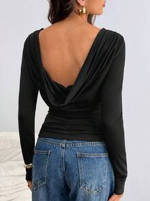SHEIN Tall 深V露背长袖上衣 冬季黑色 - 黑色 - 查看 4