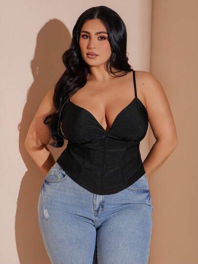 SHEIN BAE Plus Size Black Cropped Camisole Top,Womens Sexy Black Spaghetti Strap Corset Top With Sweetheart Neckline And Structured Bustier Design,Stylish Womens Black Tank Top Featuring A Structured Corset Style And Delicate Shoulder Straps,Stylish Womens Black Tank Top Featuring A Structured Corset Style And Delicate Shoulder Straps