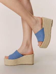 Styleloop Women's Slope Heel Platform Sandals, Summer Open-Toed Bohemian Vacation Sandals, Hemp Rope Woven Roman Beach Sandals, Buckle Dress Shoes, Suitable For Vacation Season, Spring And Summer, Bohemian Style, Vacation Wear, Travel Essentials - Blue - View 4