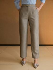 MOTF PREMIUM WOMEN'S CLASSIC HERRINGBONE CARROT PANTS WITH ELASTIC WAIST, SLIM FIT, SPRING/SUMMER - Khaki - View 4