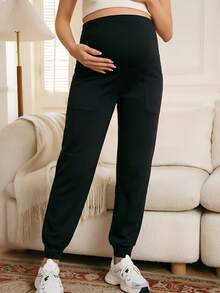 GentleRue Maternity 带口袋和抽绳腰带的孕妇运动裤 - 黑色 - 查看 1