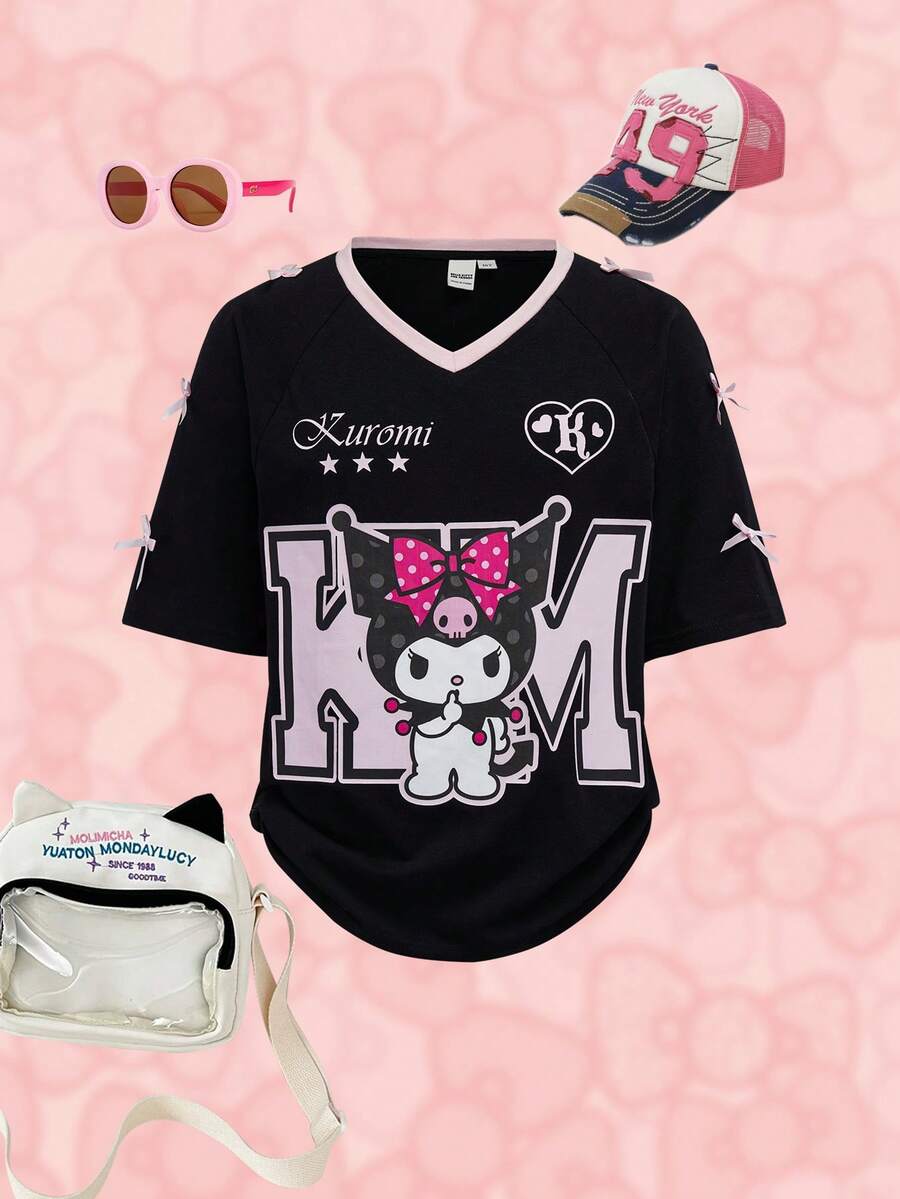 HELLO KITTY AND FRIENDS | SHEIN 少女休闲字母卡通图案V领短袖T恤，夏季 - 黑色 - 查看 1