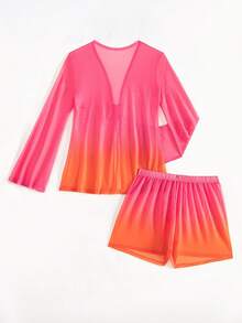 Bonvoyette Conjunto de 2 piezas de camiseta de manga larga tipo cubrecosturas y shorts midi con cordón en degradado para mujer, ideal para vacaciones de verano en la playa 2026 - Rosa - Ver 4