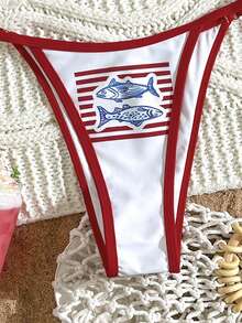 Swim Mod 3件套女士冲浪服套装，樱桃字母印花吊带比基尼搭配透明网纱罩衫，夏季沙滩装 - 彩色 - 查看 4