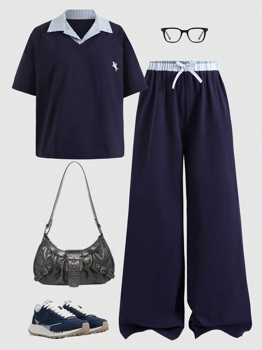 SHEIN Bộ áo thun và quần kẻ sọc phối màu dành cho thiếu nữ - Nhiều màu - Xem 1
