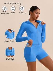 VARSITIE High Neck Long Sleeves Skinny Women Sports Sets - Royal Blue - View 5