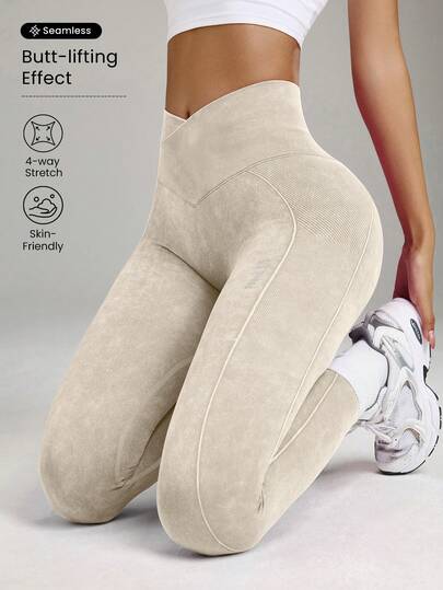Core Rhythm Seamless High Elasticity Yoga Exercise Sports Criss-Cross Waist Sandwashed Sports Leggings