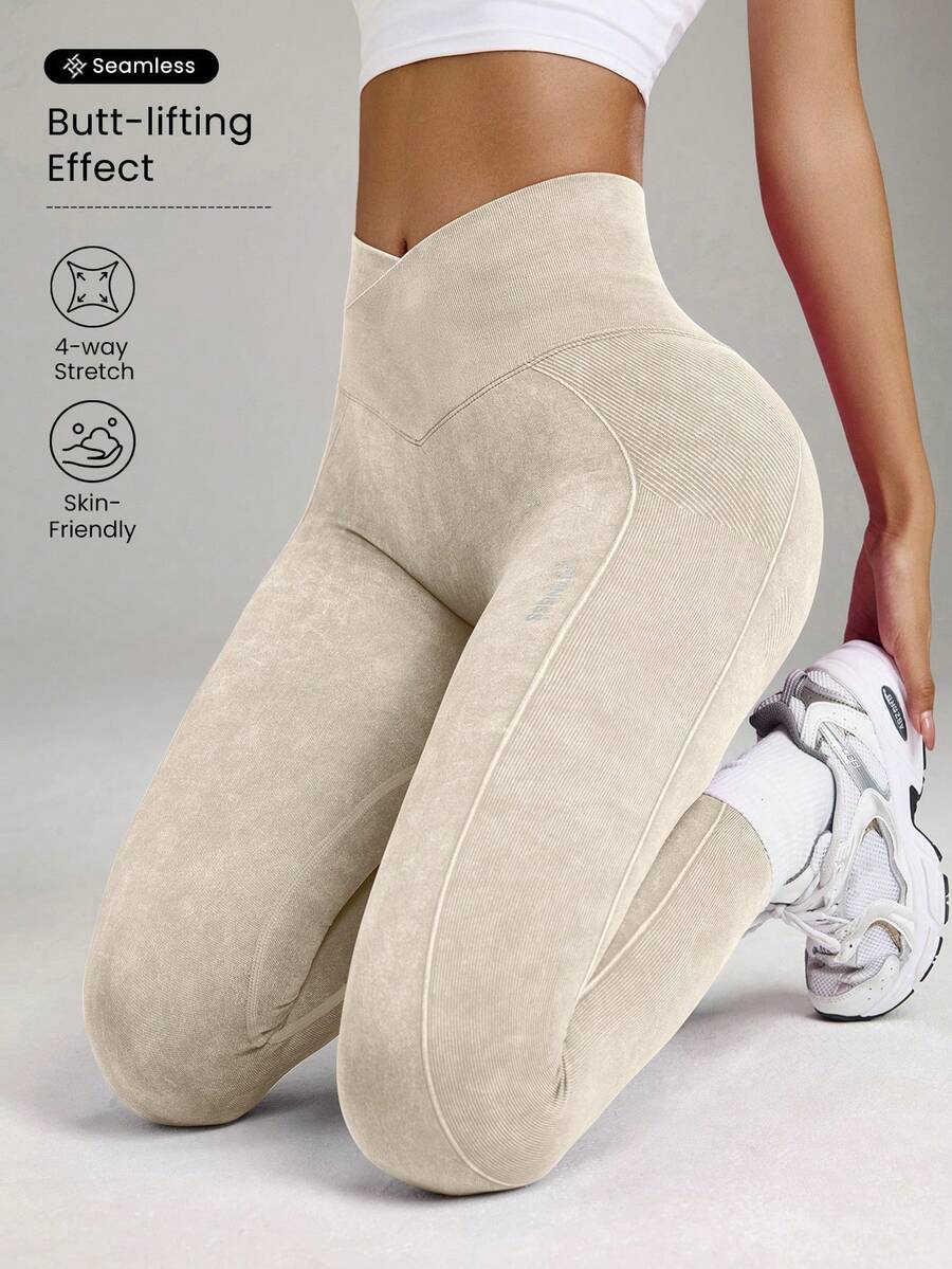 Eassivo Eassivo Mallas deportivas de alta elasticidad sin costuras, con cintura cruzada y efecto lavado para yoga y ejercicio