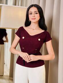 Modelyn Áo nữ dệt kim hai hàng cúc màu đỏ rượu vang - Màu Đỏ Sâu - Xem 4