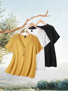 EMERY ROSE Plus Size Women's Mustard Yellow Summer Casual T-Shirt,Lace Patchwork V-Neck Short Sleeve Tops,Modest Vacation Holiday Outfits,Tea Party Blouses - Yellow - View 8
