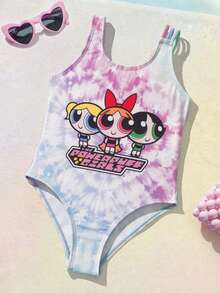 THE POWERPUFF GIRLS X SHEIN Áo tắm liền thân in chữ và hoạt hình dành cho bé gái, thích hợp cho kỳ nghỉ biển, tiệc bể bơi, tiệc bãi biển. - Nhiều màu - Xem 1