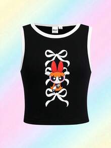 THE POWERPUFF GIRLS X SHEIN Top de tirantes con cuello redondo y estampado de mariposas para niña preadolescente - Negro - Ver 1