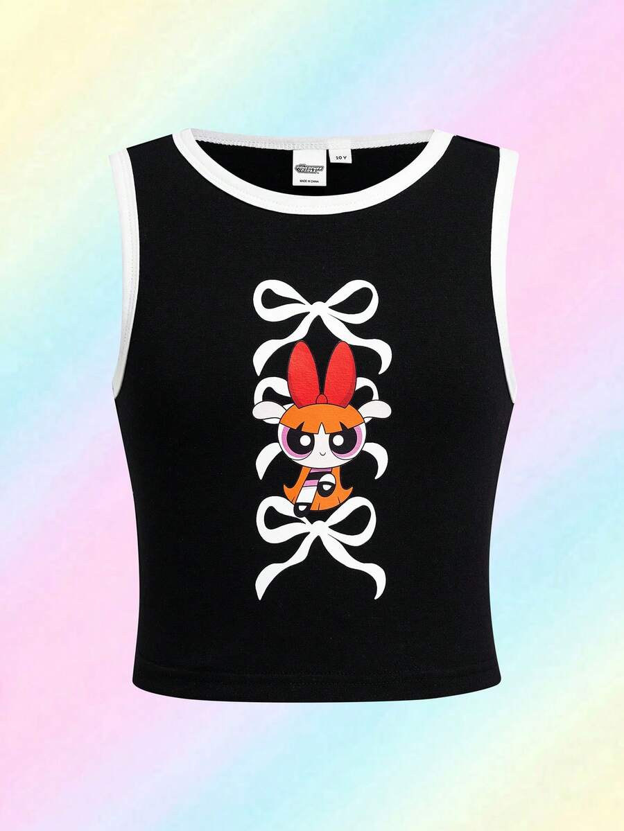 THE POWERPUFF GIRLS X SHEIN Top de tirantes con cuello redondo y estampado de mariposas para niña preadolescente - Negro - Ver 1