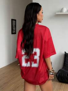 Coolane 女士春夏节日外出街头风复古透气网眼数字图案棒球衫红色球衣 - 紅色 - 查看 6