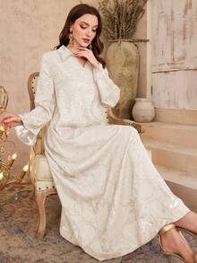 Al Najma Elegant Cut-Out Collar Mesh Flare Sleeve Dress - Apricot - View 5